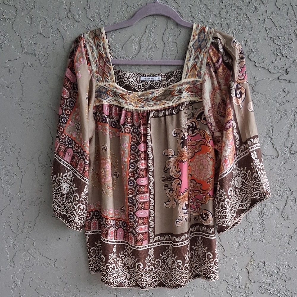 Johnny Was Brown and Orange Smocked 3/4 Sleeve Blouse